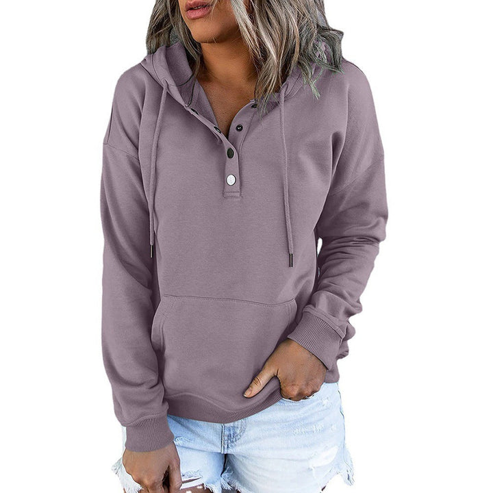 Harper button placket hoodie in lilac, front view