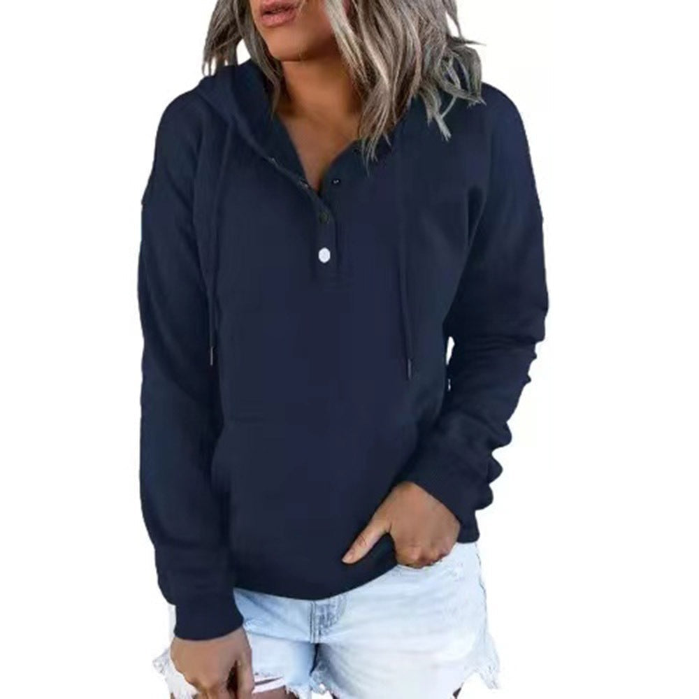 Harper button placket hoodie in navy, front view