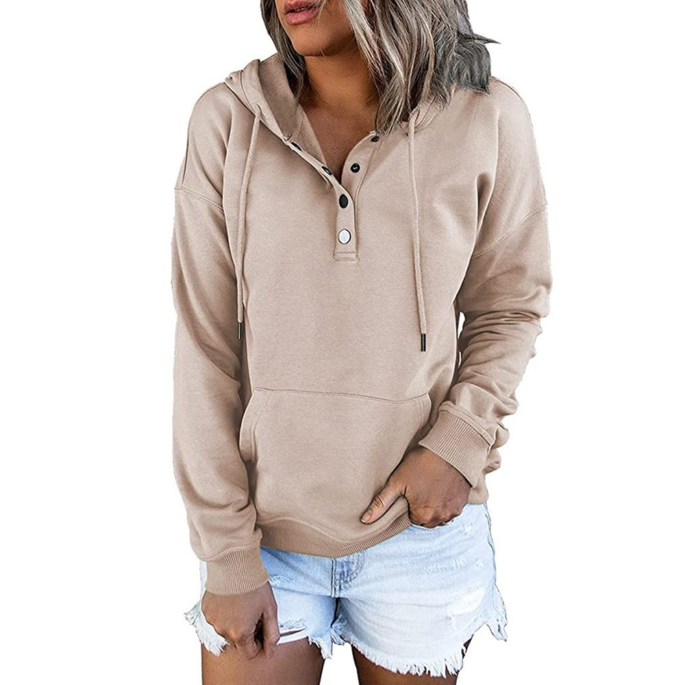 Harper button placket hoodie in beige, front view