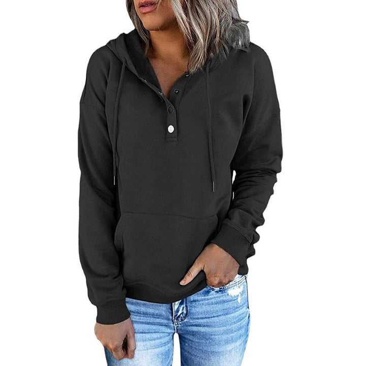 Harper button placket hoodie in black, front view