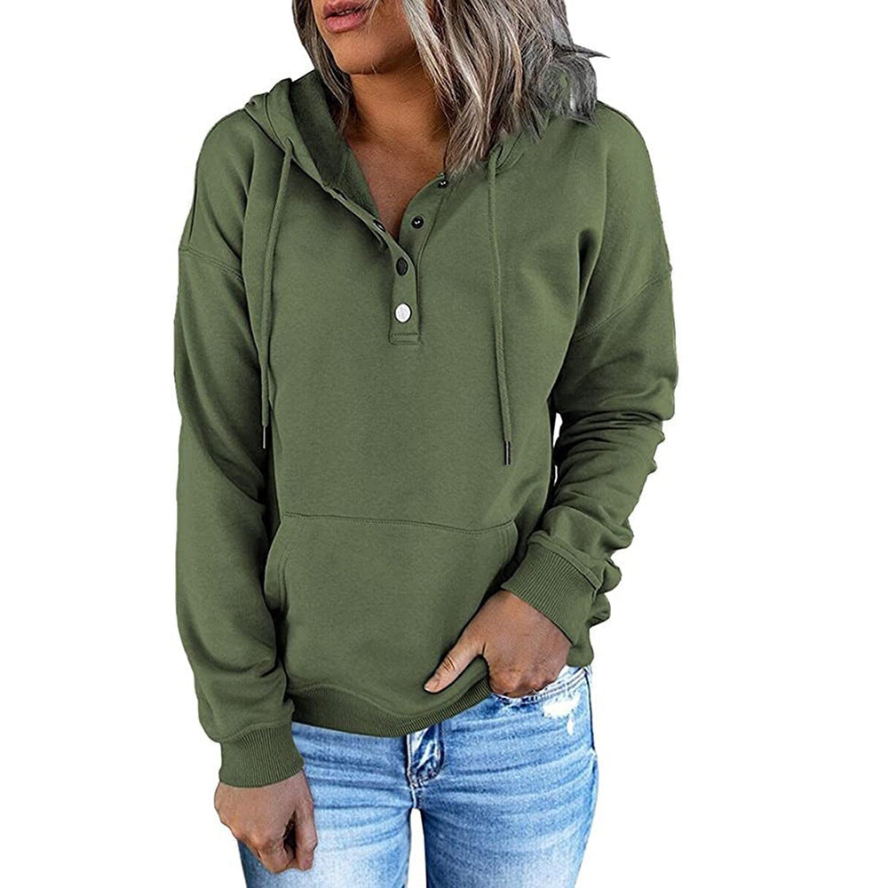 Harper button placket hoodie in olive green, front view
