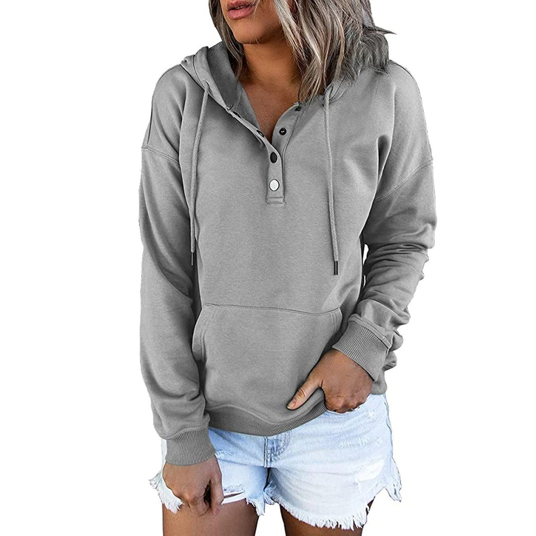 Harper button placket hoodie in gray, front view