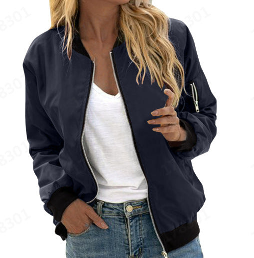Harper bomber jacket in navy, front view with ribbed cuffs
