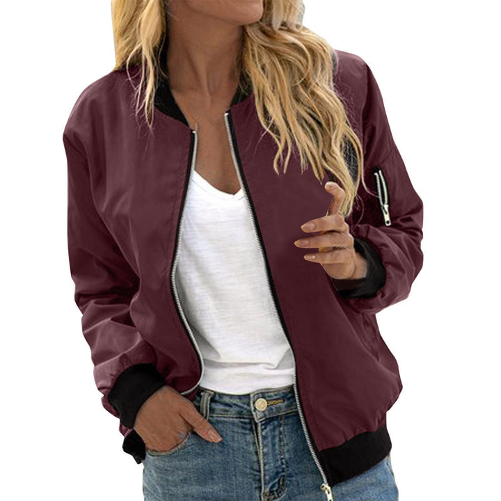 Harper bomber jacket in wine red, front view with zip closure