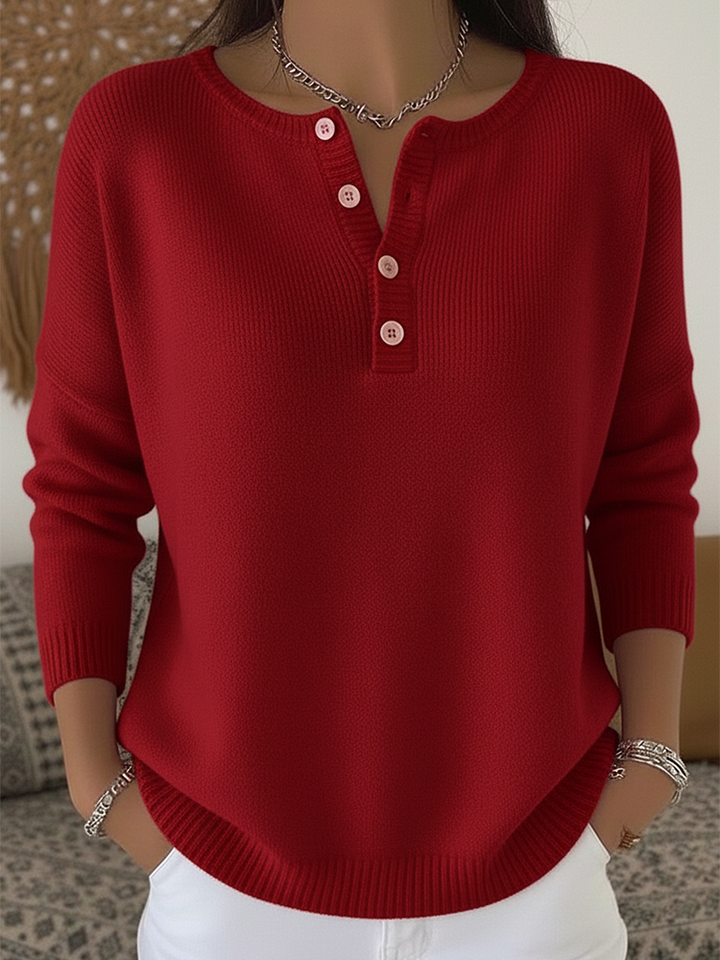 Harper red henley button-up sweater, front view