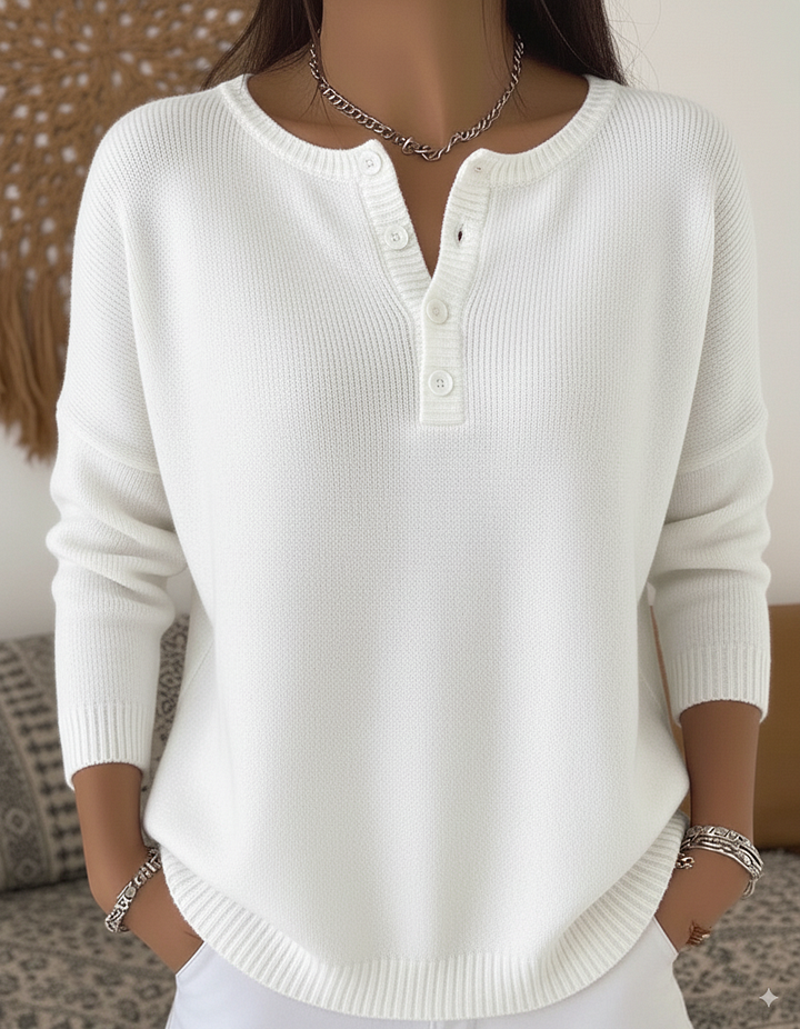 Harper white henley button-up sweater, front view