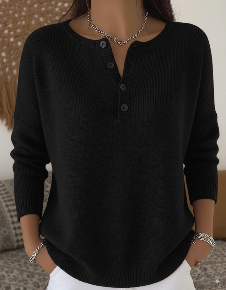 Harper black henley button-up sweater, front view