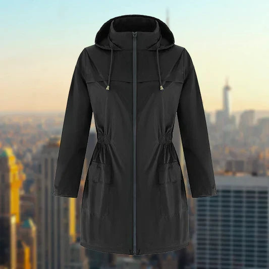 Harper hooded rain jacket in black, ghost mannequin front view showing zip and pockets