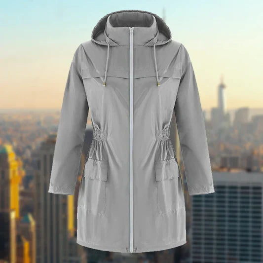 Harper hooded rain jacket in gray, ghost mannequin front view showing drawstring waist