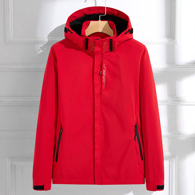 Harper hooded rain jacket in red, front view on hanger