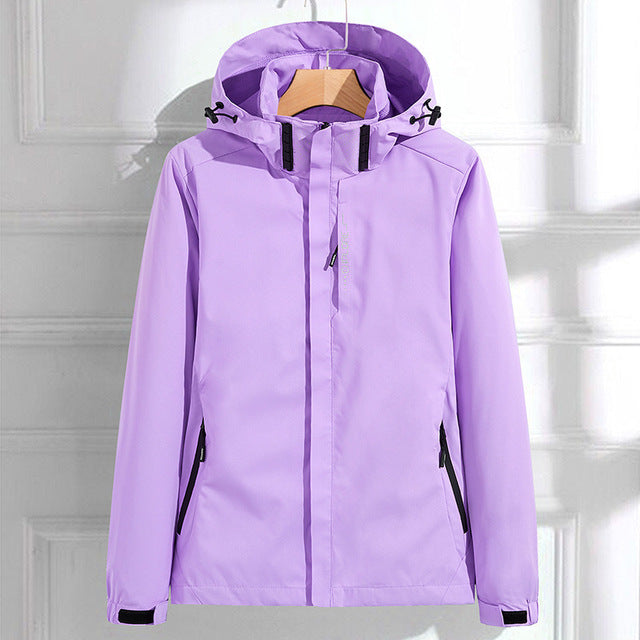 Harper hooded rain jacket in lilac, front view on hanger