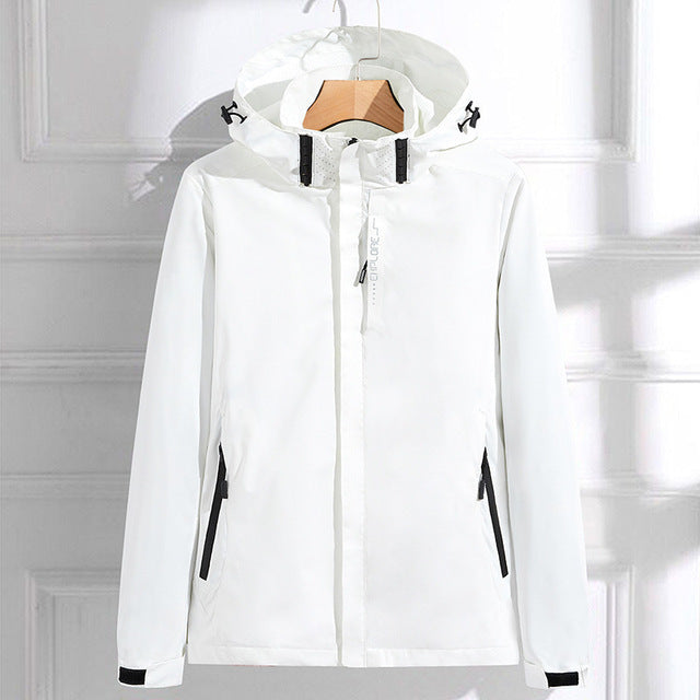 Harper hooded rain jacket in white, front view on hanger