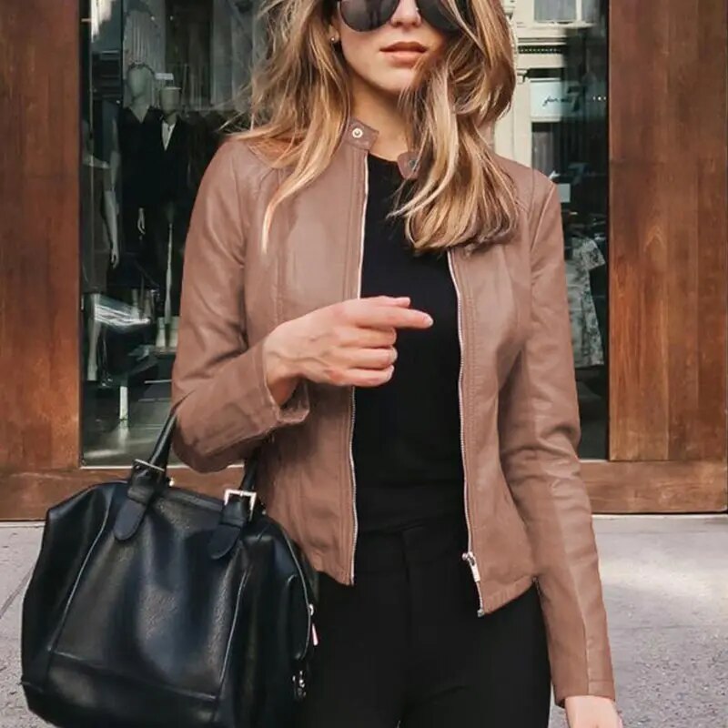 Harper cropped moto jacket in brown faux leather, front view