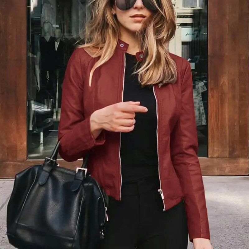 Harper cropped moto jacket in burgundy faux leather, front view