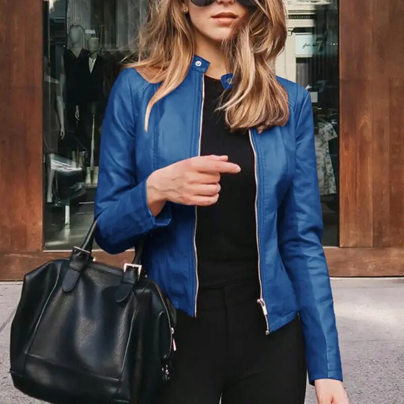 Harper cropped moto jacket in blue faux leather, front view
