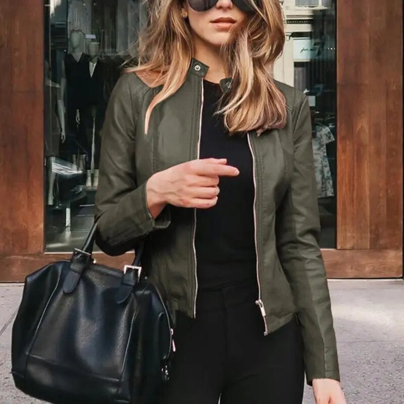Harper cropped moto jacket in olive green faux leather, front view