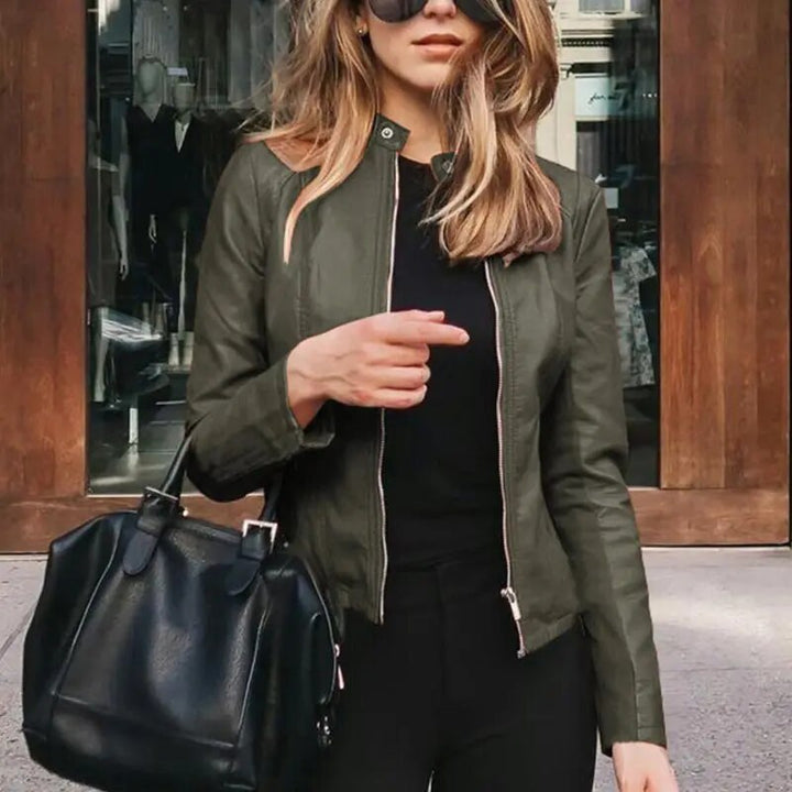 Harper cropped moto jacket in olive green faux leather, front view