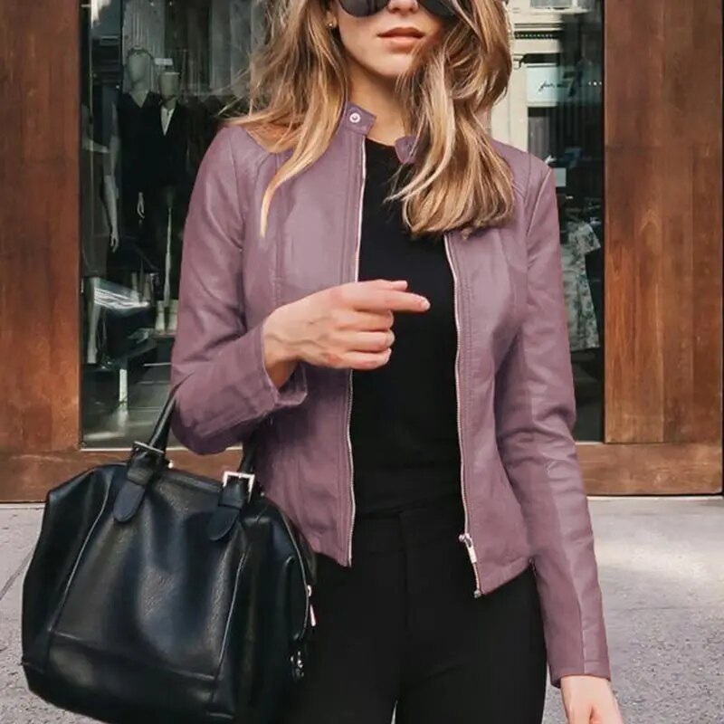 Harper cropped moto jacket in lavender faux leather, front view