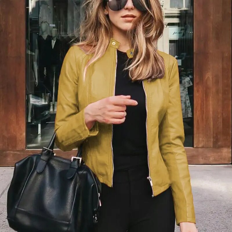 Harper cropped moto jacket in mustard yellow faux leather, front view