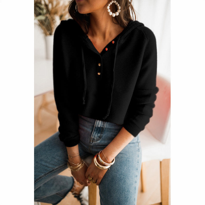 Harper black ribbed cropped hoodie with button front, close-up front view