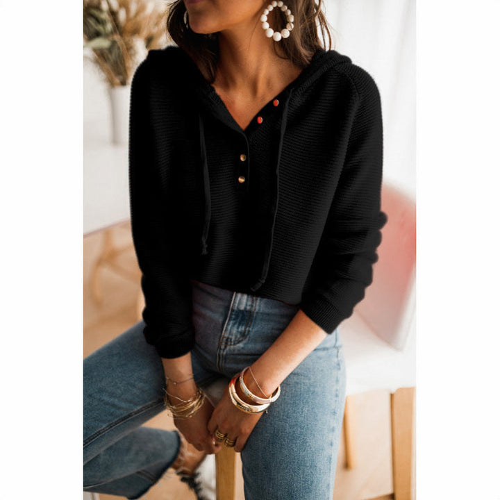 Harper black ribbed cropped hoodie with button front, close-up front view