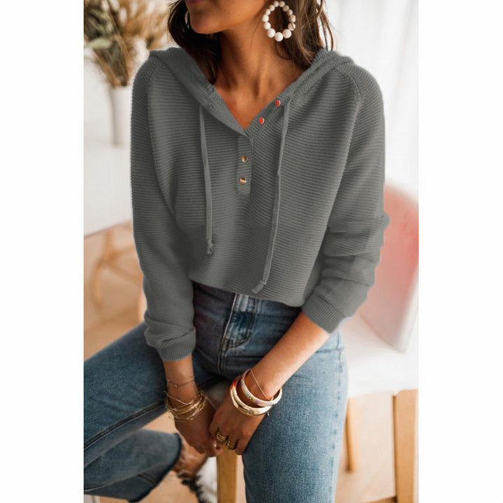 Harper gray ribbed cropped hoodie with button front, close-up seated view