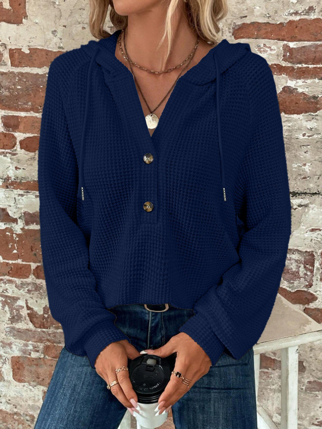 Harper navy ribbed hoodie with button front, alternate close-up view