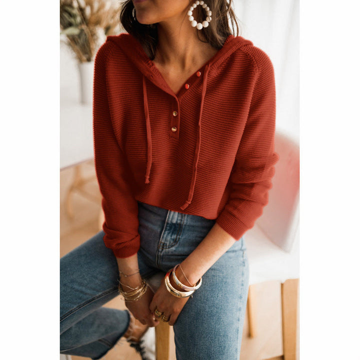 Harper rust cropped hoodie with drawstring hood, close-up seated view