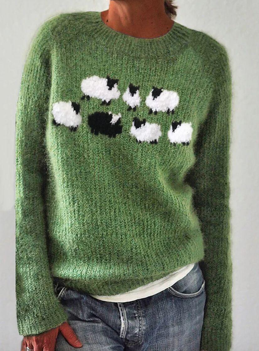 Harper sheep print crew neck sweater in green, front view