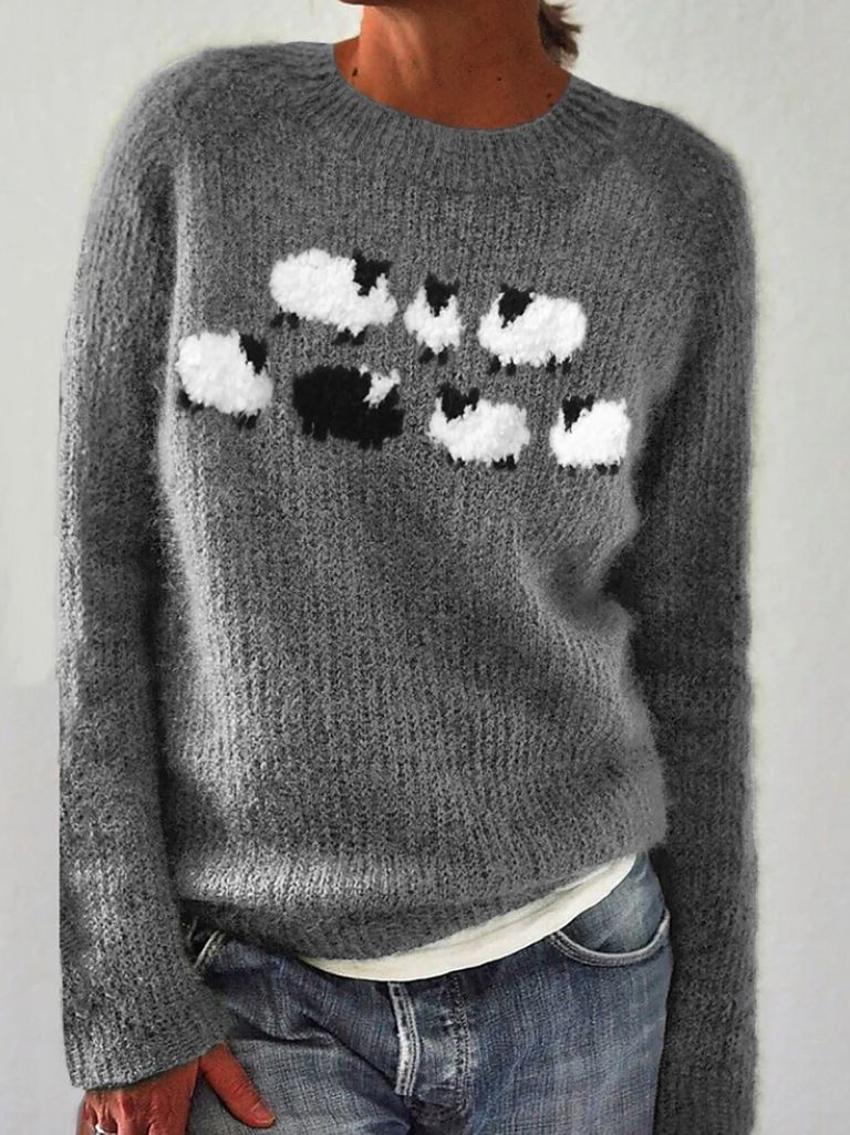 Harper sheep print crew neck sweater in gray, front view