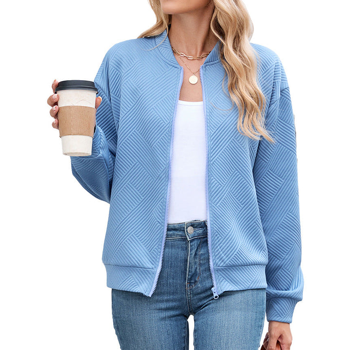 Harper bomber jacket in light blue, front view