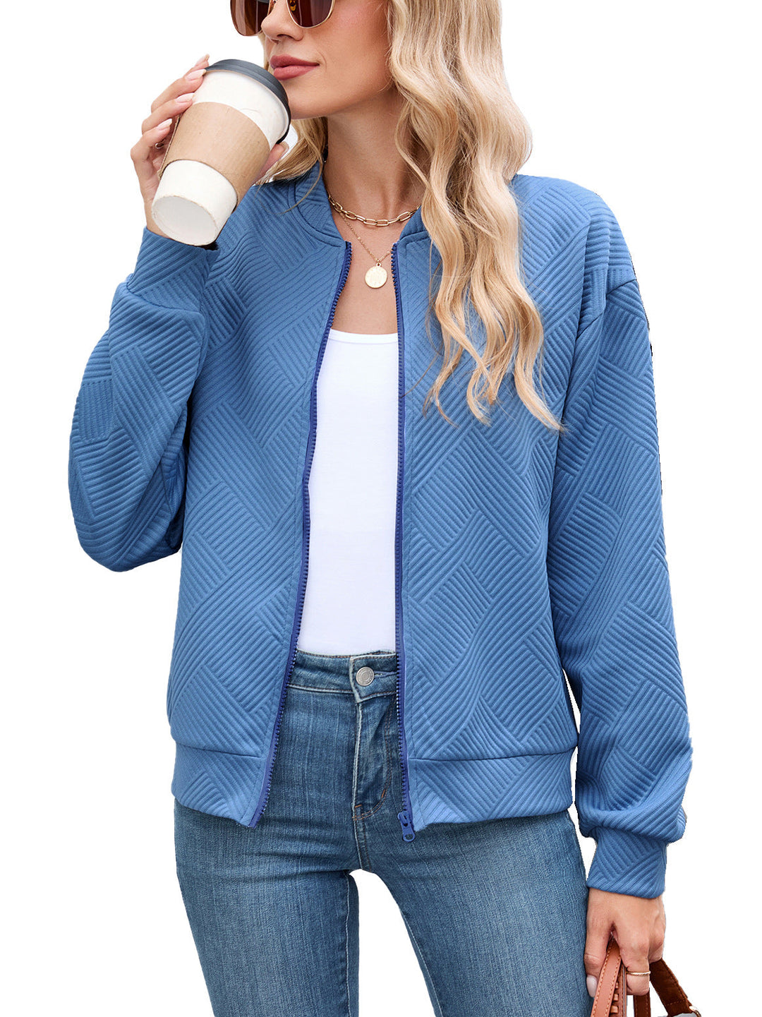 Harper bomber jacket in blue, front view