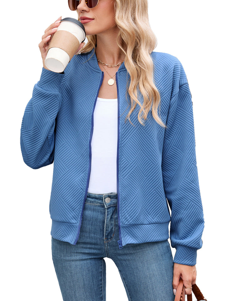 Harper bomber jacket in blue, front view
