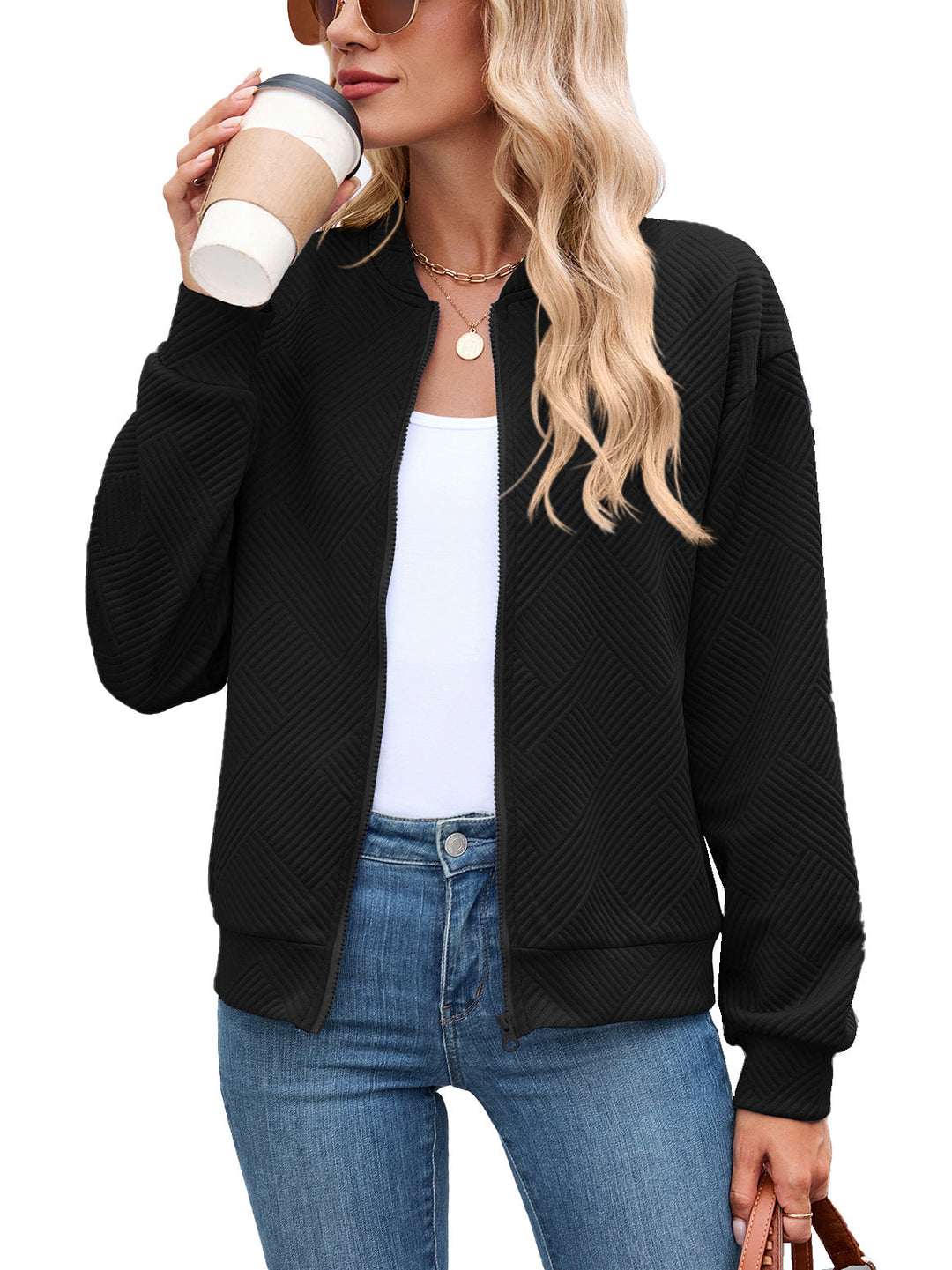 Harper bomber jacket in black, front view