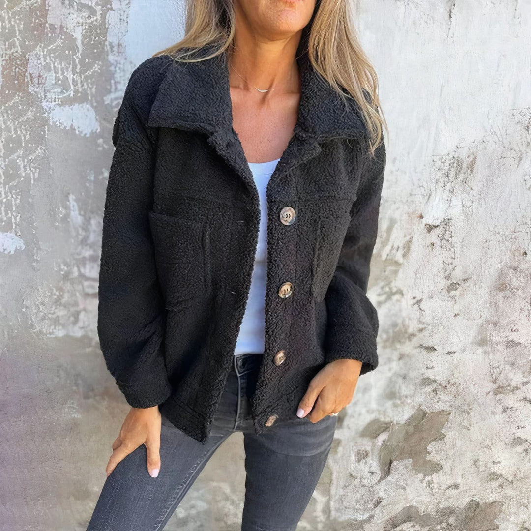 Harriet black sherpa jacket, front view with pockets