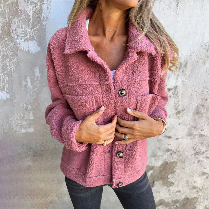 Harriet pink sherpa jacket, close-up front view