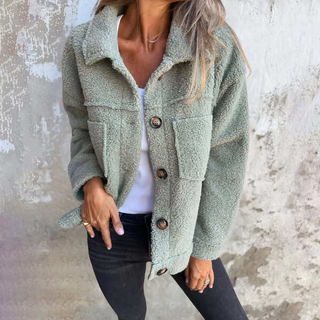 Harriet green sherpa jacket, front view with collar detail