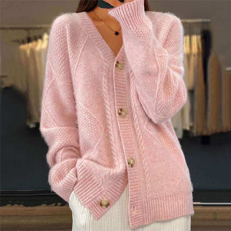 Hensley pink cable knit V-neck cardigan, front view close-up