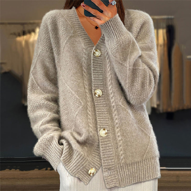 Hensley gray cable knit V-neck cardigan, front view