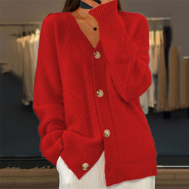 Hensley red cable knit V-neck cardigan, front view