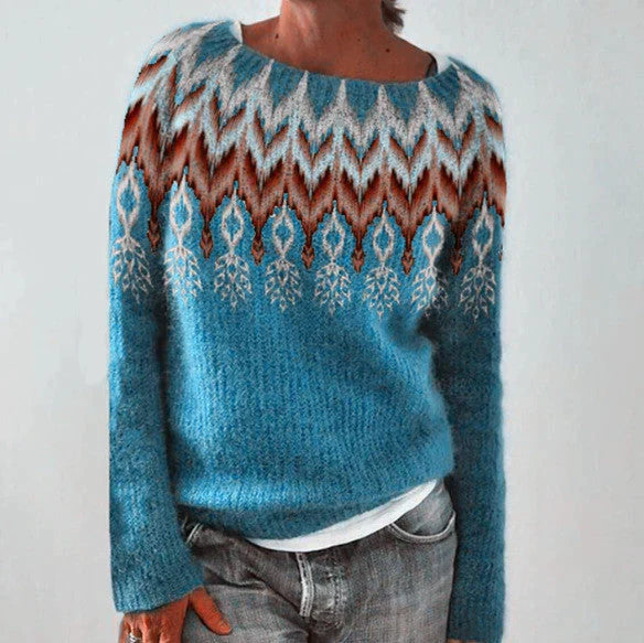 Ingrid ethnic print crew neck sweater in teal with chevron yoke, front view