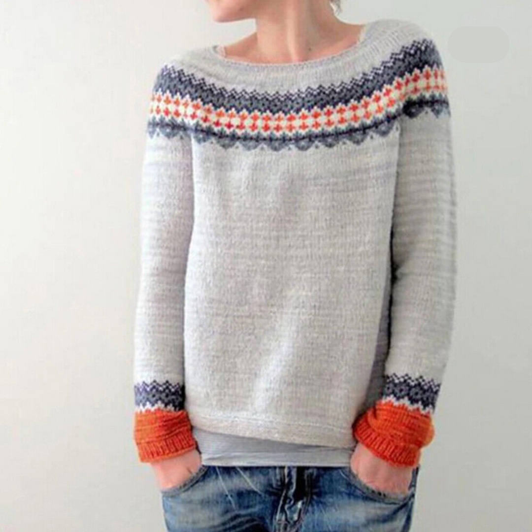 Ingrid ethnic print crew neck sweater in grey with orange cuffs, front view