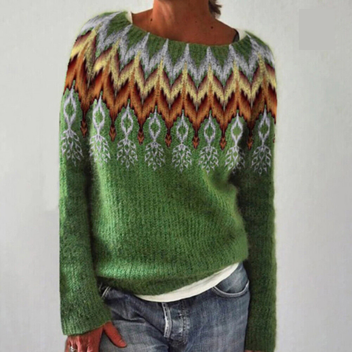 Ingrid ethnic print crew neck sweater in green with chevron pattern, front view