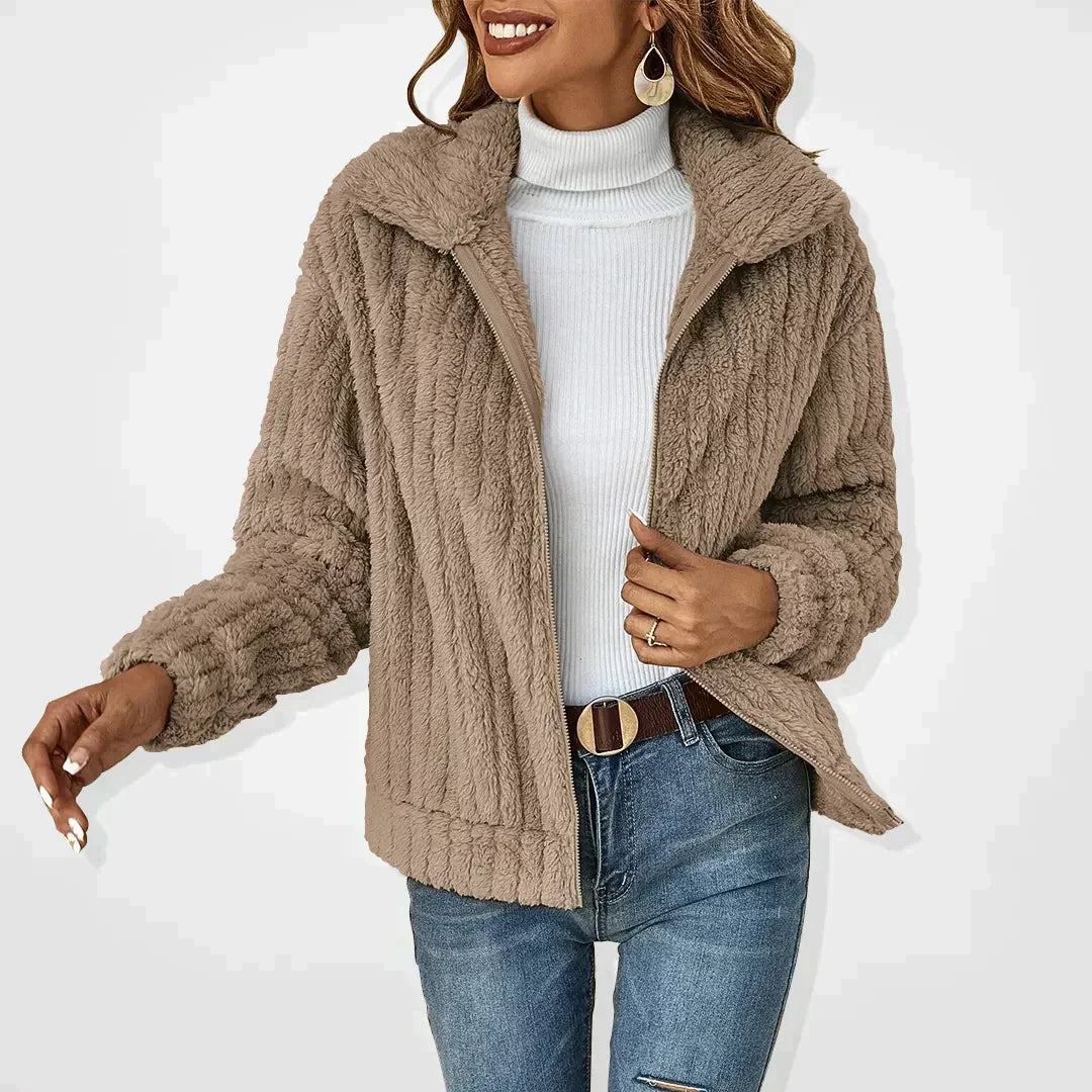 Isadora fluffy zip-up cardigan in khaki, front view