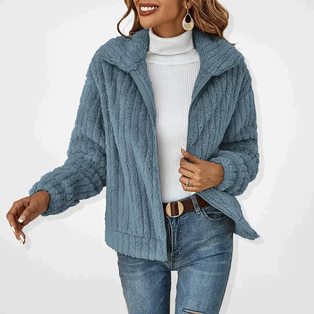 Isadora fluffy zip-up cardigan in blue, front view