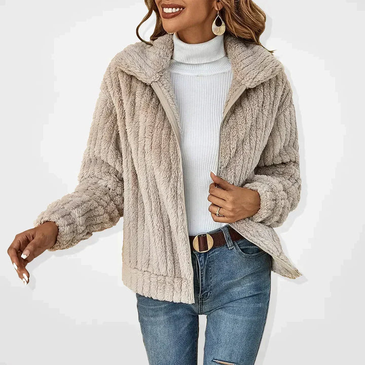 Isadora fluffy zip-up cardigan in beige, front view