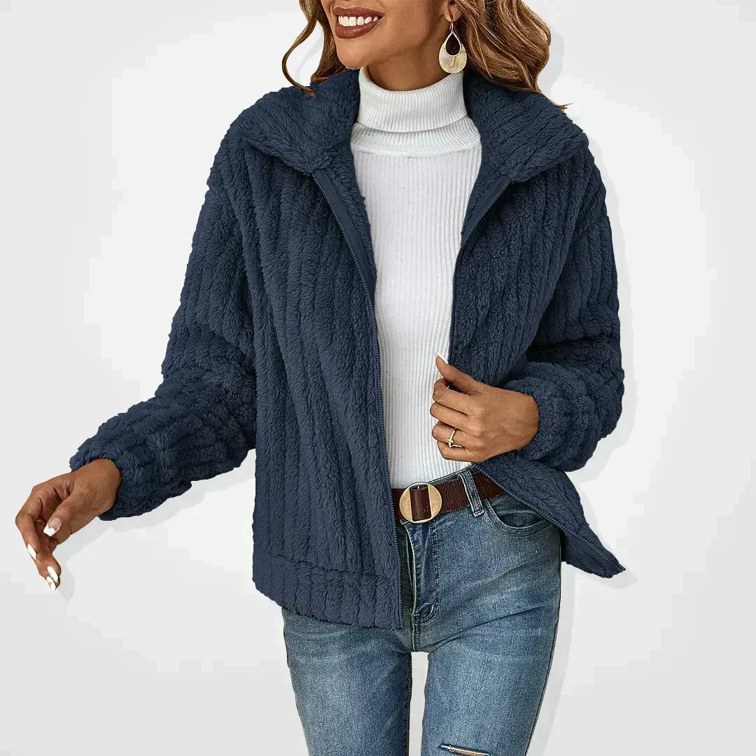 Isadora fluffy zip-up cardigan in navy blue, front view