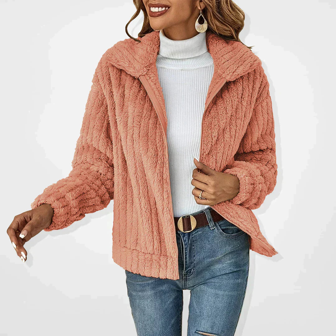 Isadora fluffy zip-up cardigan in pink, front view