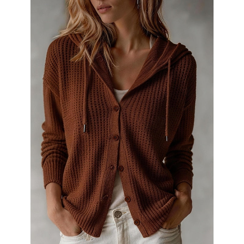 Isla hooded waffle knit cardigan in brown, front view with hands in pockets