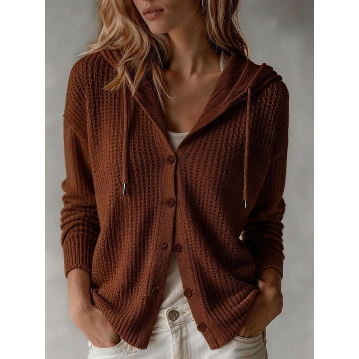 Isla hooded waffle knit cardigan in brown, front view with hands in pockets